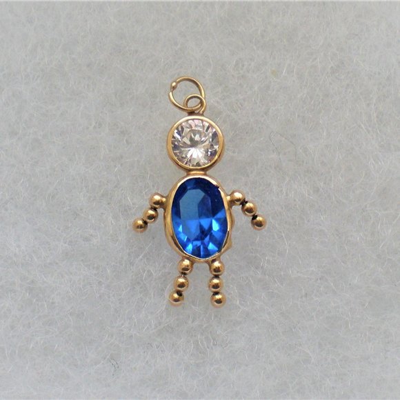 Vintage Designer 14K Yellow Gold Blue And Clear White CZ Son Boy Pendant Charm